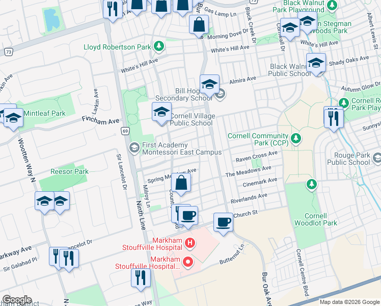map of restaurants, bars, coffee shops, grocery stores, and more near 110 Cornell Park Avenue in Markham