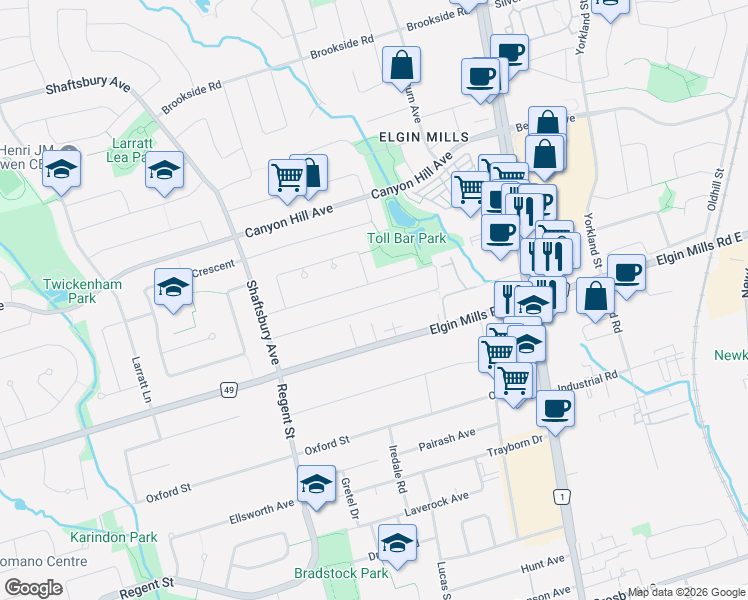 map of restaurants, bars, coffee shops, grocery stores, and more near 50 Cooperage Crescent in Richmond Hill