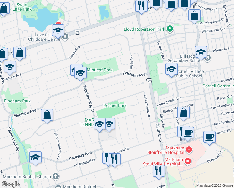 map of restaurants, bars, coffee shops, grocery stores, and more near 57 Emeline Crescent in Markham