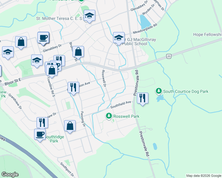 map of restaurants, bars, coffee shops, grocery stores, and more near 233 Bathgate Crescent in Courtice