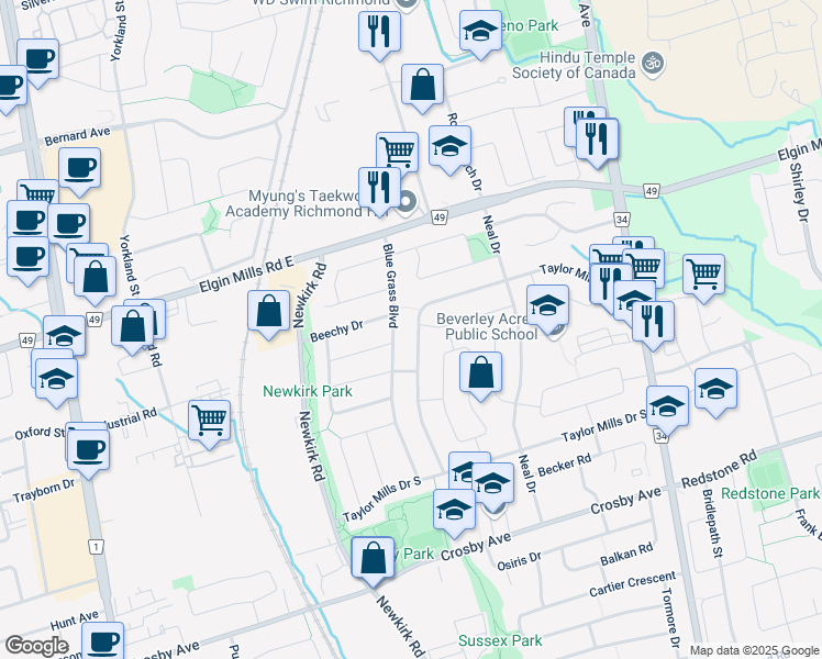 map of restaurants, bars, coffee shops, grocery stores, and more near in Richmond Hill