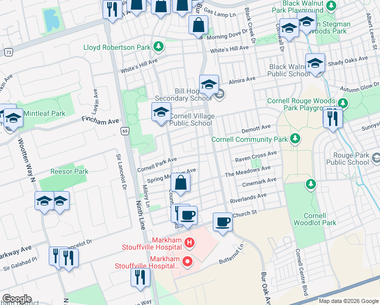 map of restaurants, bars, coffee shops, grocery stores, and more near 110 Cornell Park Avenue in Markham