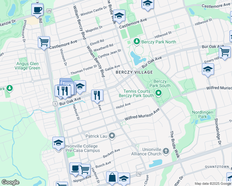 map of restaurants, bars, coffee shops, grocery stores, and more near 67 Old Meadow Lane in Markham