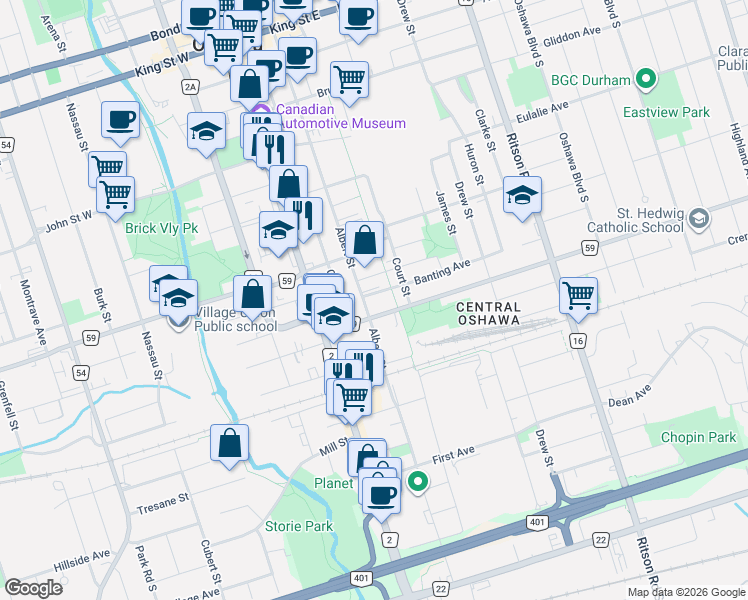 map of restaurants, bars, coffee shops, grocery stores, and more near 67 Banting Avenue in Oshawa
