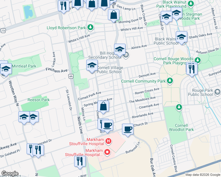 map of restaurants, bars, coffee shops, grocery stores, and more near 116 Cornell Park Avenue in Markham