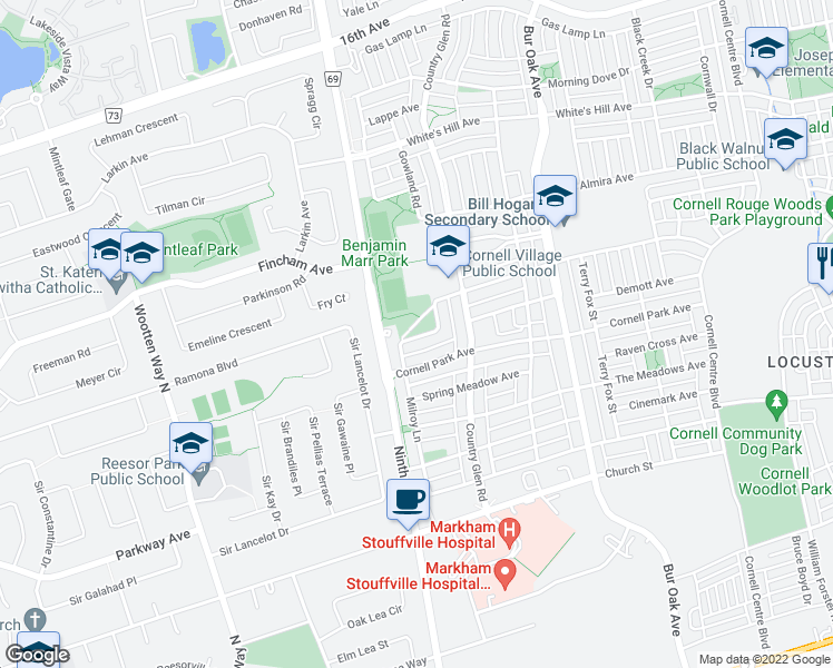 map of restaurants, bars, coffee shops, grocery stores, and more near 20 Cornell Common Road in Markham