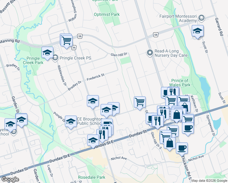 map of restaurants, bars, coffee shops, grocery stores, and more near 204 Johnson Avenue in Whitby