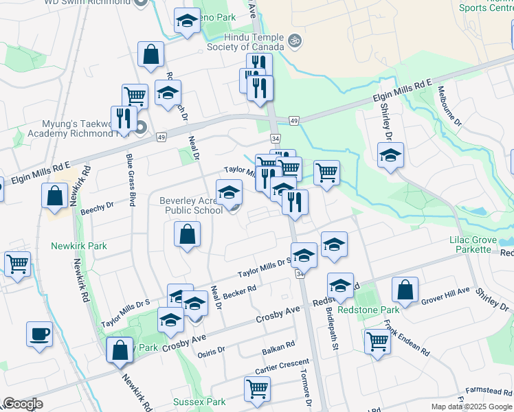 map of restaurants, bars, coffee shops, grocery stores, and more near 38 Lafferty Lane in Richmond Hill