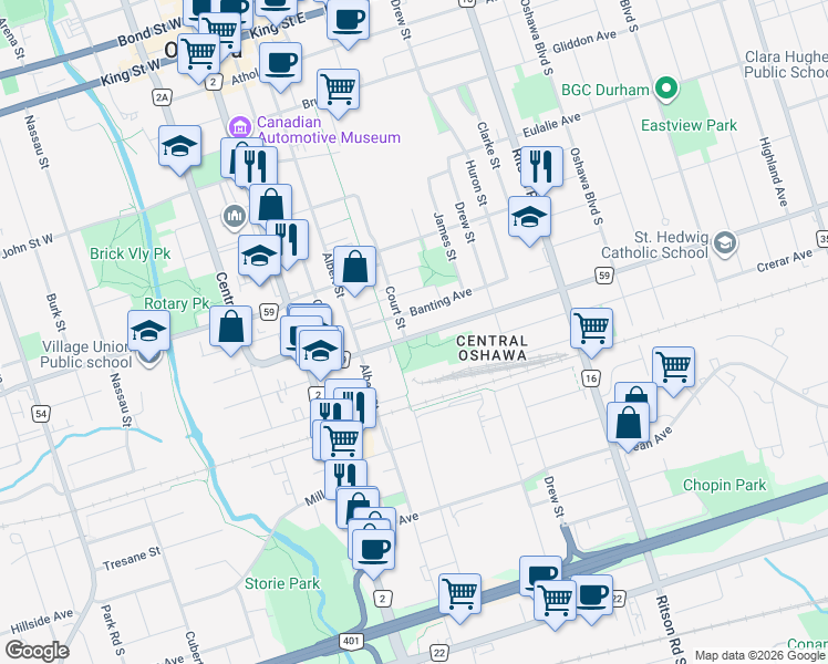 map of restaurants, bars, coffee shops, grocery stores, and more near 114 Olive Avenue in Oshawa