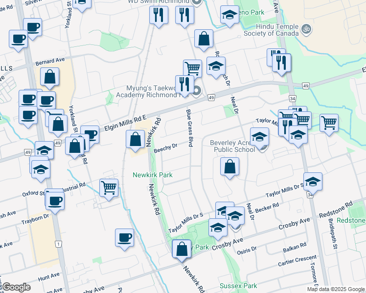 map of restaurants, bars, coffee shops, grocery stores, and more near in Richmond Hill
