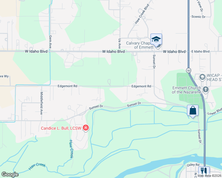 map of restaurants, bars, coffee shops, grocery stores, and more near 1115 Edgemont Road in Emmett