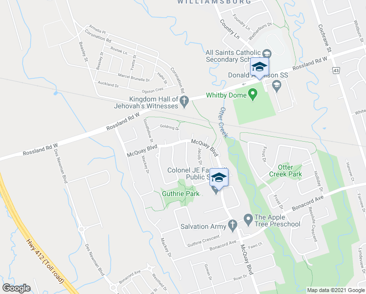 map of restaurants, bars, coffee shops, grocery stores, and more near 4 Renfield Crescent in Whitby
