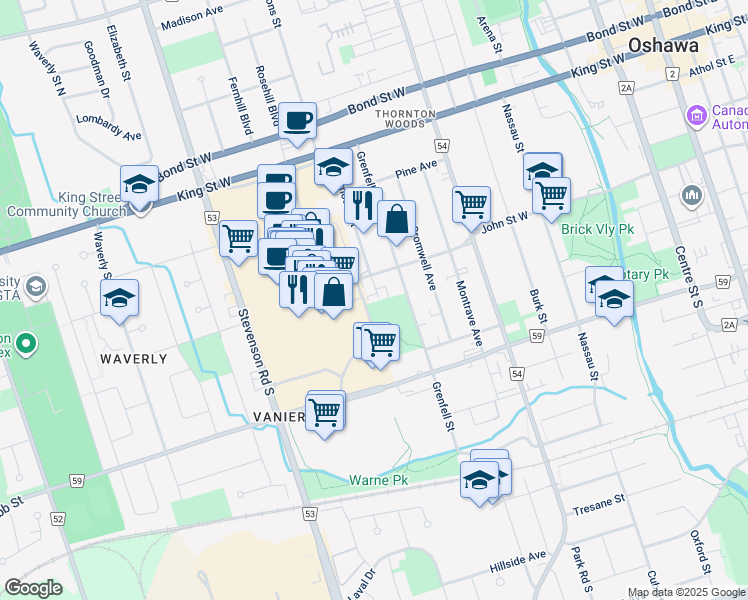 map of restaurants, bars, coffee shops, grocery stores, and more near 172 Westmount Street in Oshawa