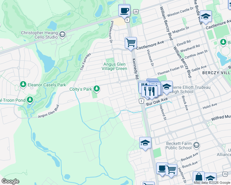 map of restaurants, bars, coffee shops, grocery stores, and more near Parkstone Road in Markham
