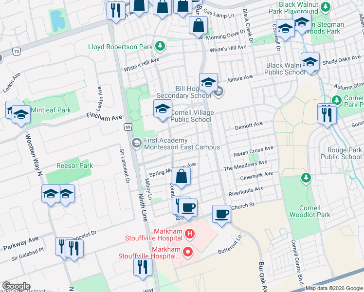 map of restaurants, bars, coffee shops, grocery stores, and more near 15 Cornell Meadows Avenue in Markham