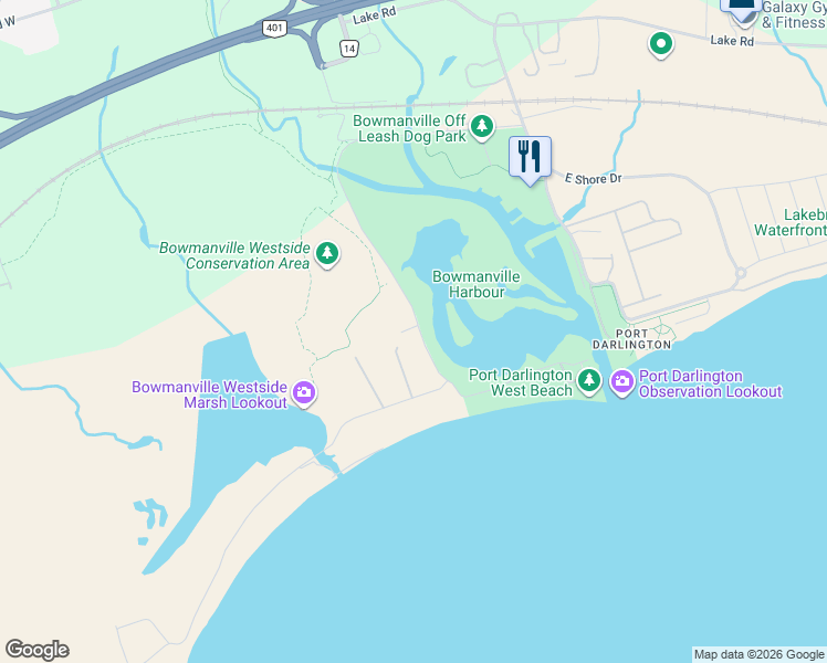 map of restaurants, bars, coffee shops, grocery stores, and more near 130 West Beach Road in Bowmanville