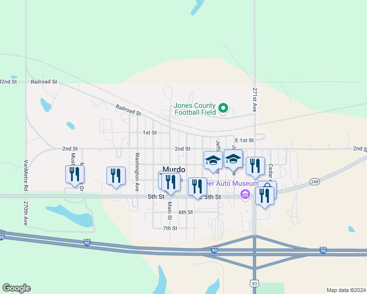 map of restaurants, bars, coffee shops, grocery stores, and more near 105 Garfield Avenue in Murdo