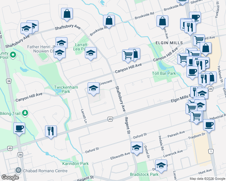 map of restaurants, bars, coffee shops, grocery stores, and more near 5 Stave Crescent in Richmond Hill
