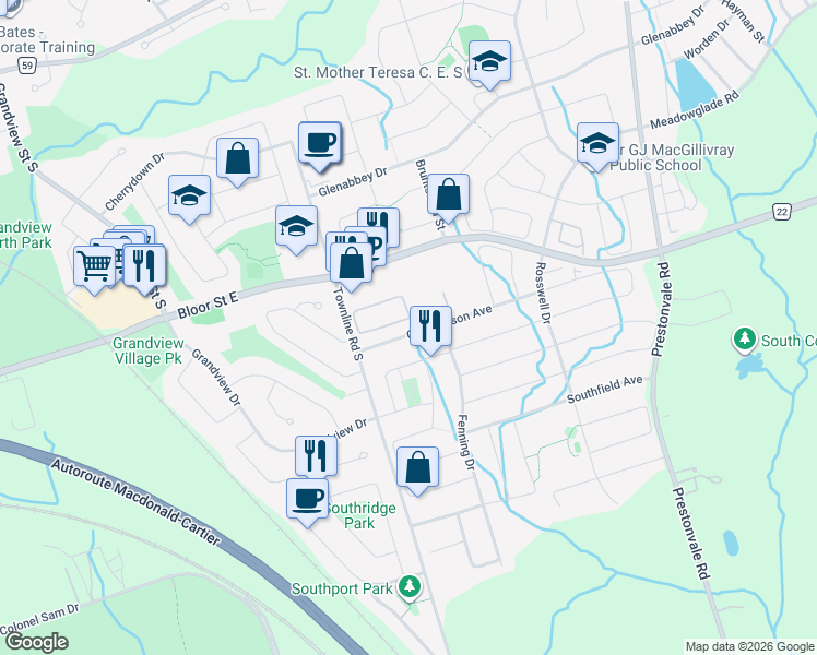 map of restaurants, bars, coffee shops, grocery stores, and more near 1430 Gord Vinson Avenue in Courtice
