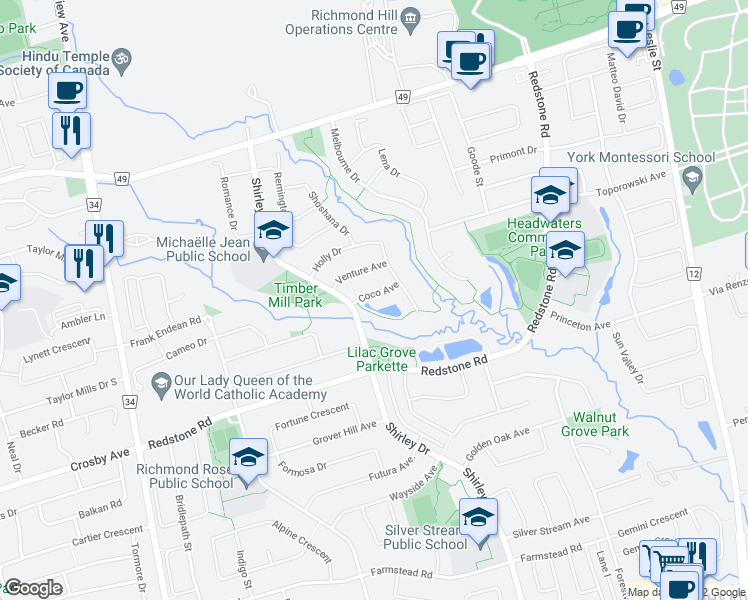 map of restaurants, bars, coffee shops, grocery stores, and more near 25 Coco Avenue in Richmond Hill