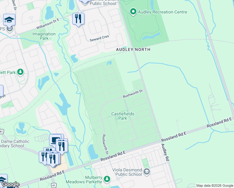 map of restaurants, bars, coffee shops, grocery stores, and more near 5 Bellotti Crescent in Ajax