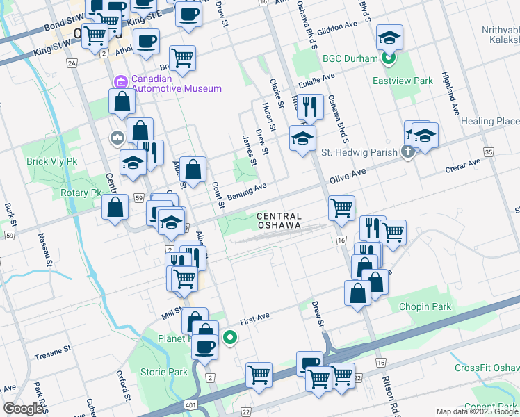 map of restaurants, bars, coffee shops, grocery stores, and more near in Oshawa