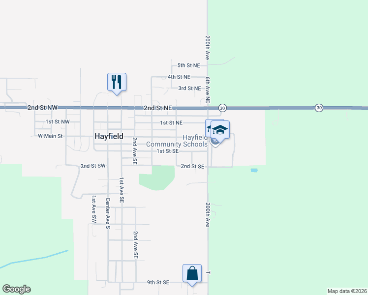 map of restaurants, bars, coffee shops, grocery stores, and more near 426 1st Street Southeast in Hayfield