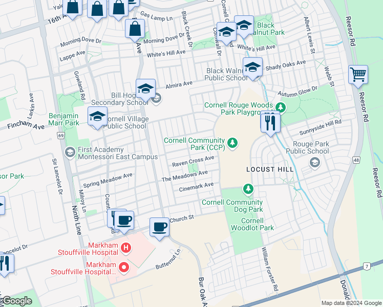 map of restaurants, bars, coffee shops, grocery stores, and more near 237 Cornell Park Avenue in Markham