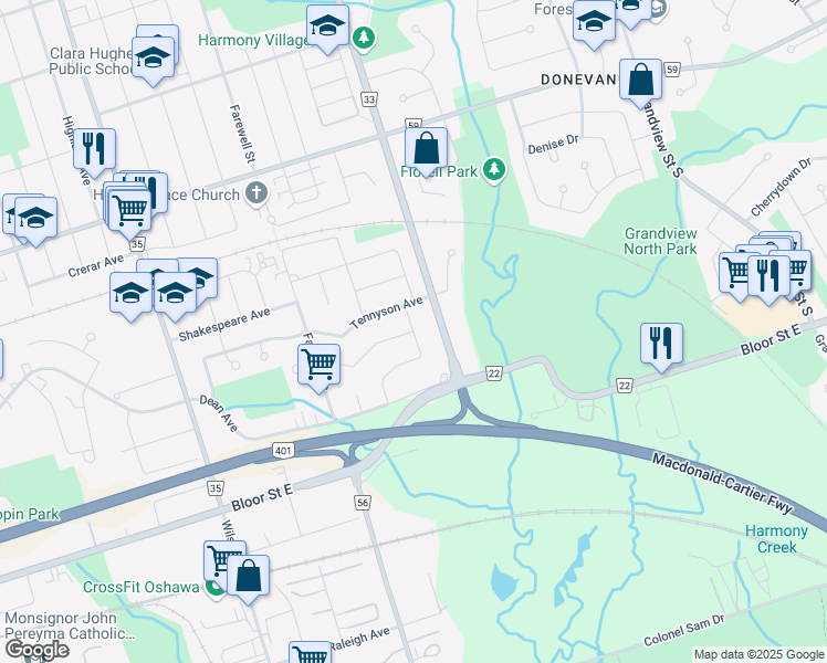 map of restaurants, bars, coffee shops, grocery stores, and more near Coleridge Street in Oshawa