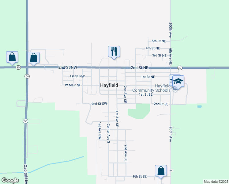map of restaurants, bars, coffee shops, grocery stores, and more near 12 1st Street Southeast in Hayfield