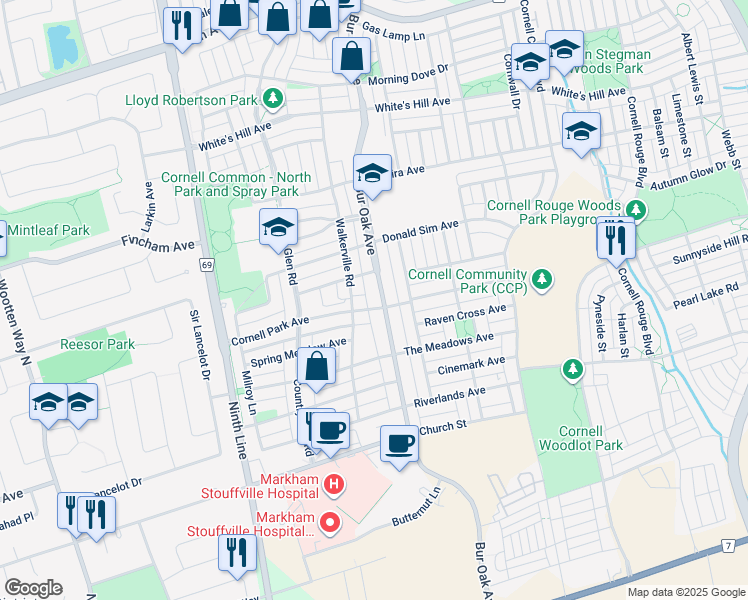 map of restaurants, bars, coffee shops, grocery stores, and more near 2917 Bur Oak Avenue in Markham