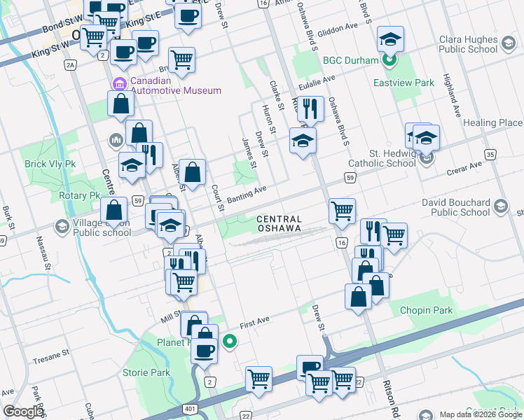 map of restaurants, bars, coffee shops, grocery stores, and more near 165 1/2 Olive Avenue in Oshawa