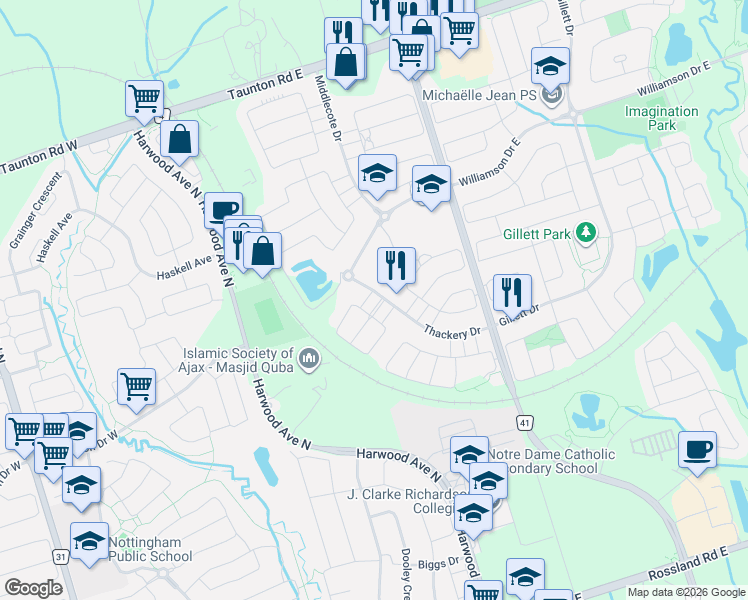 map of restaurants, bars, coffee shops, grocery stores, and more near 6 Dollery Gate in Ajax
