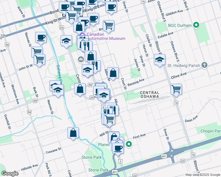map of restaurants, bars, coffee shops, grocery stores, and more near 310 Albert Street in Oshawa