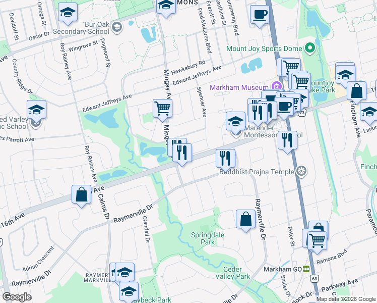 map of restaurants, bars, coffee shops, grocery stores, and more near 28 Lugano Crescent in Markham