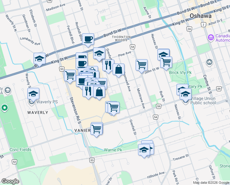 map of restaurants, bars, coffee shops, grocery stores, and more near 173 Westmount Street in Oshawa