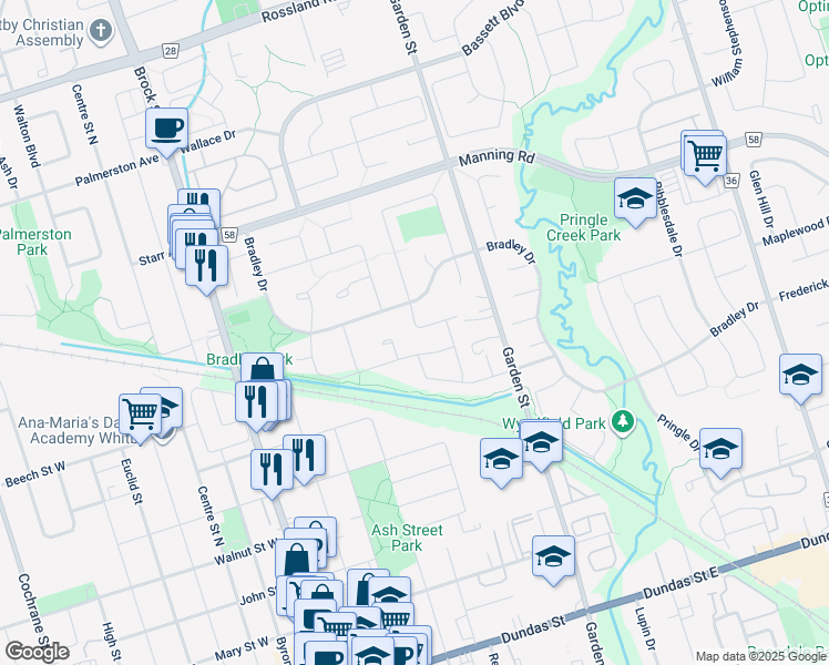 map of restaurants, bars, coffee shops, grocery stores, and more near 142 Evensong Drive in Whitby