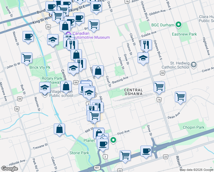 map of restaurants, bars, coffee shops, grocery stores, and more near 91 Banting Avenue in Oshawa