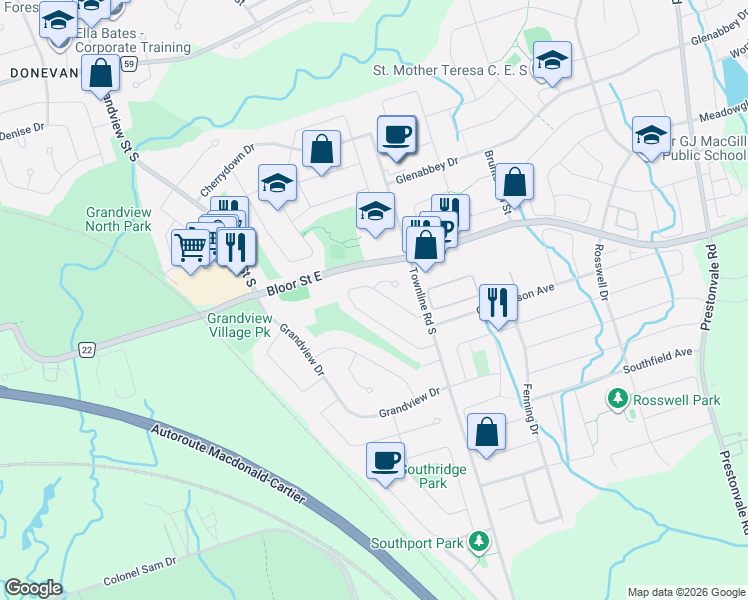 map of restaurants, bars, coffee shops, grocery stores, and more near 663 Down Crescent in Oshawa