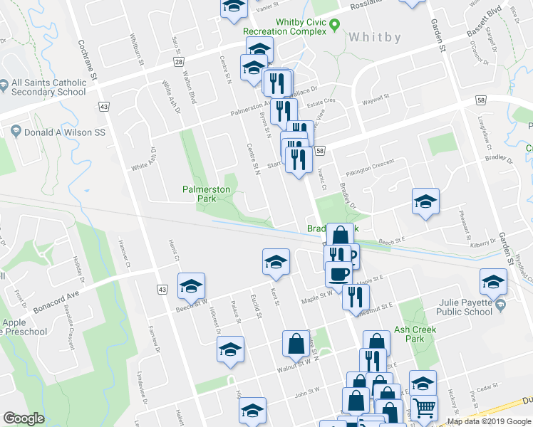 map of restaurants, bars, coffee shops, grocery stores, and more near 1 Rosewood Court in Whitby