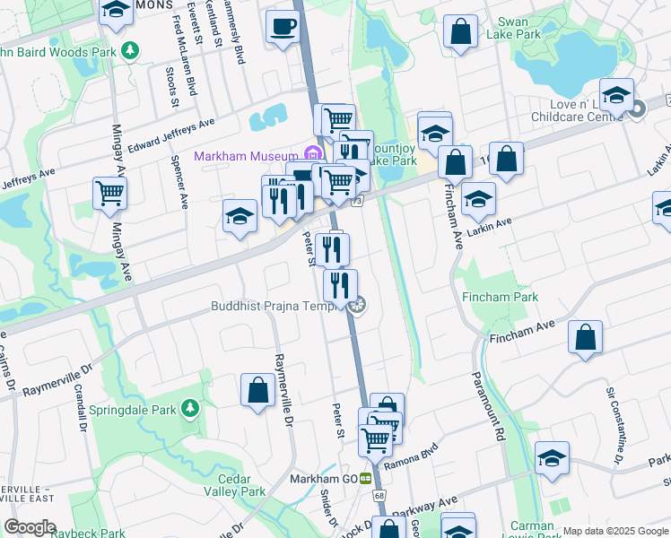 map of restaurants, bars, coffee shops, grocery stores, and more near in Markham