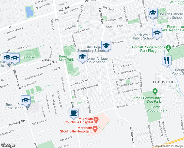 map of restaurants, bars, coffee shops, grocery stores, and more near 17 Cornell Meadows Avenue in Markham