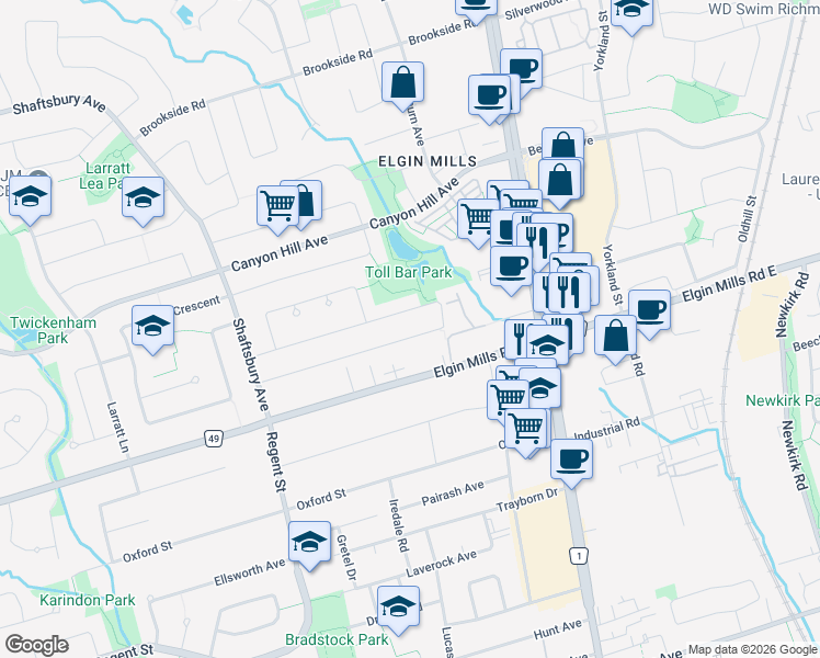 map of restaurants, bars, coffee shops, grocery stores, and more near 66 Cooperage Crescent in Richmond Hill