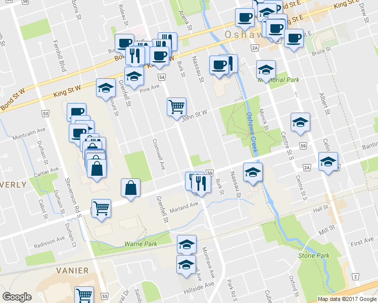 map of restaurants, bars, coffee shops, grocery stores, and more near 203 Park Road South in Oshawa