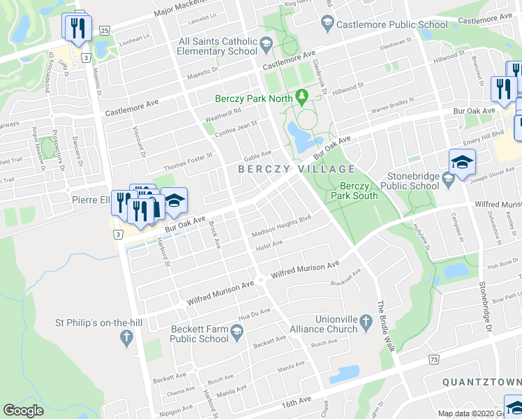 map of restaurants, bars, coffee shops, grocery stores, and more near 67 Old Meadow Lane in Markham
