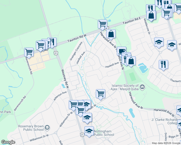 map of restaurants, bars, coffee shops, grocery stores, and more near 17 Weston Crescent in Ajax