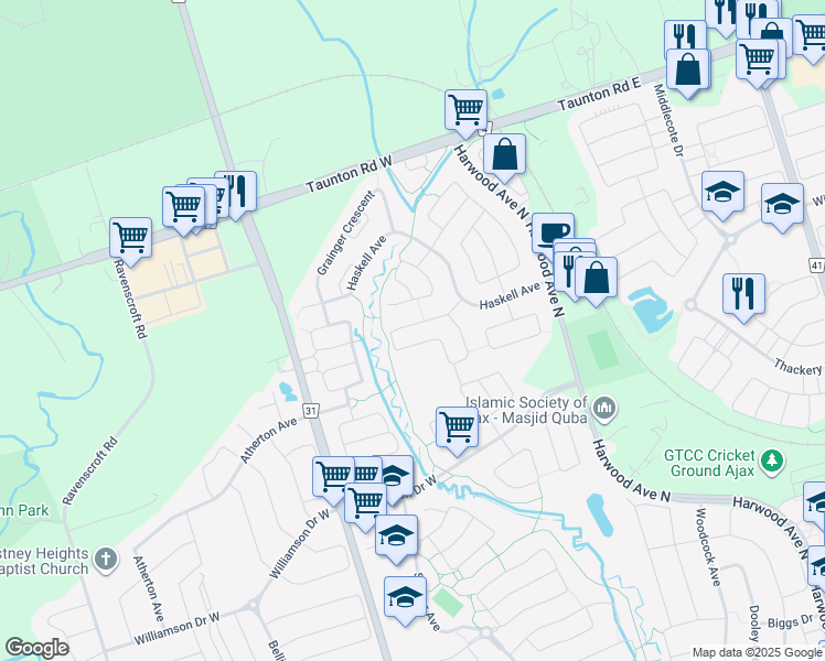 map of restaurants, bars, coffee shops, grocery stores, and more near 17 Weston Crescent in Ajax