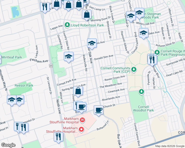 map of restaurants, bars, coffee shops, grocery stores, and more near 2915 Bur Oak Avenue in Markham
