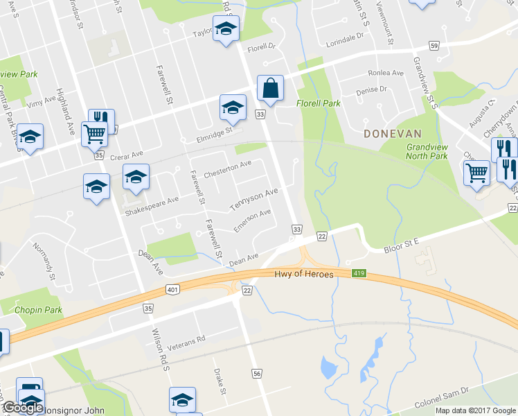 map of restaurants, bars, coffee shops, grocery stores, and more near 764 Emerson Avenue in Oshawa