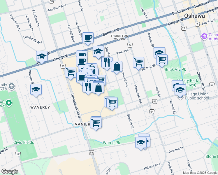 map of restaurants, bars, coffee shops, grocery stores, and more near 164 Westmount Street in Oshawa